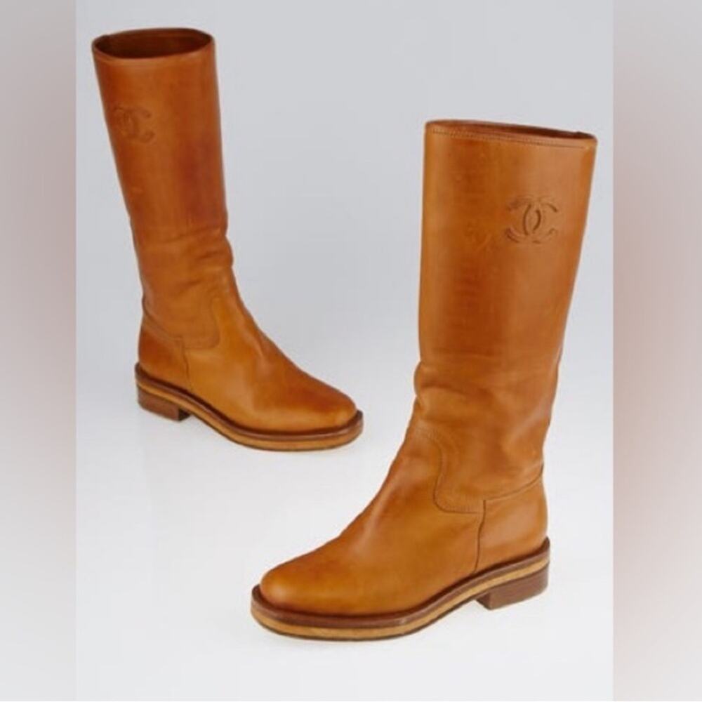 CHANEL Russet Congac Leather knee high riding boots 37.5 - Picture 10 of 10